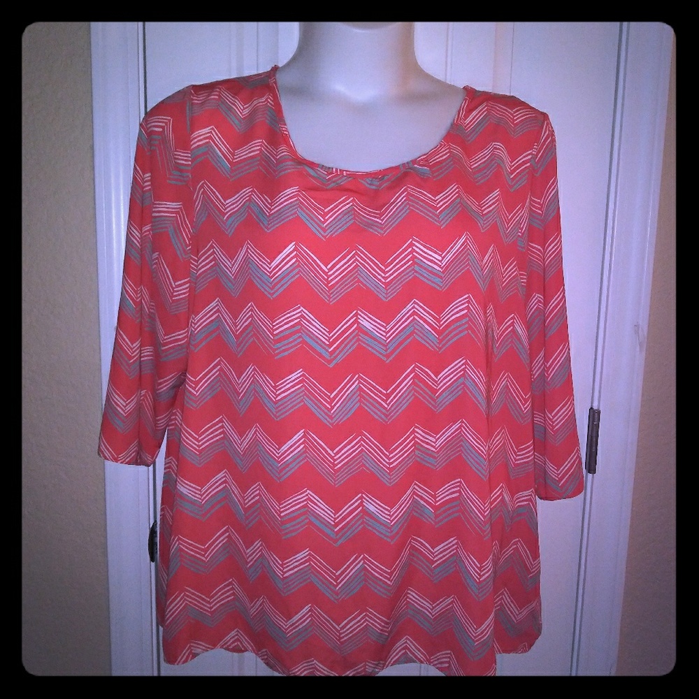 Boutique Tangerine Aqua White Zig Zag Blouse Top Shirt Lady's 2X PLUS